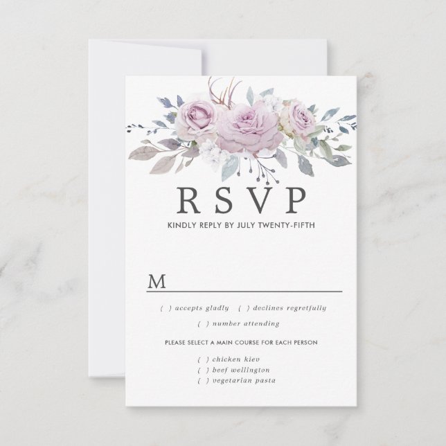 Purple Floral Wedding RSVP Card, Meal Options (Front)