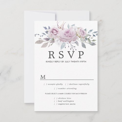 Purple Floral Wedding RSVP Card Meal Options