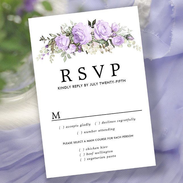 Purple Floral Wedding RSVP Card, Meal Options Card (Creator Uploaded)