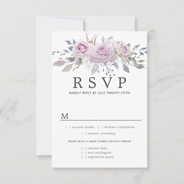 Purple Floral Wedding RSVP Card, Meal Options Card (Front)