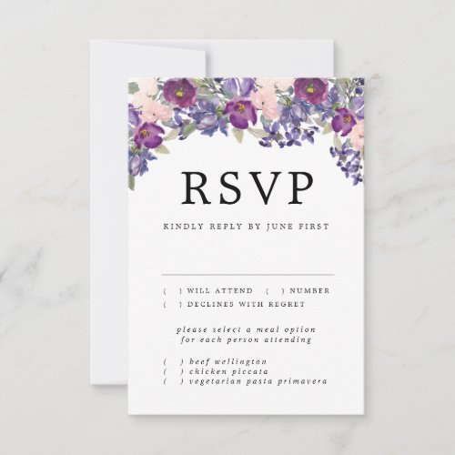 Purple Floral Wedding RSVP Card with Meal Choice