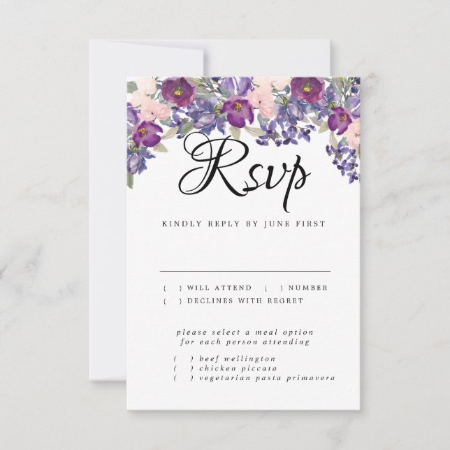 Purple Floral Wedding RSVP Card with Meal Choice (Front)