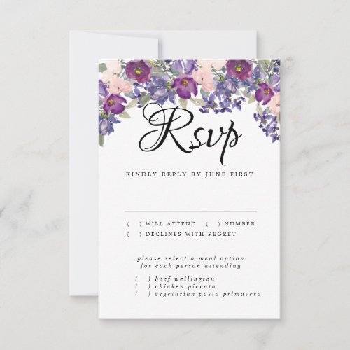 Purple Floral Wedding RSVP Card with Meal Choice