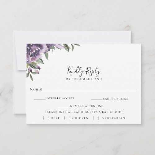 Purple Floral Wedding RSVP Meal Choice Card