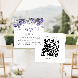 Purple Floral Wedding RSVP QR Code Enclosure Card