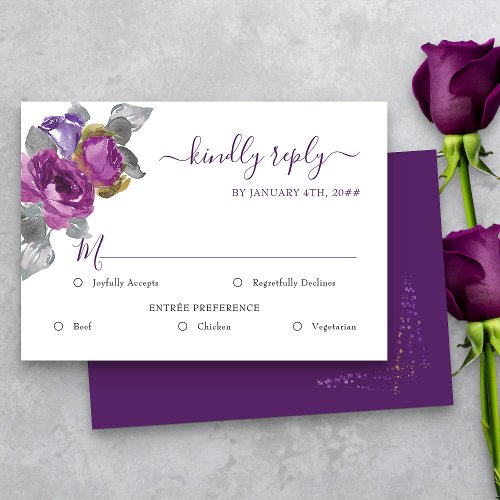 Purple Floral Wedding RSVP with Meal Options