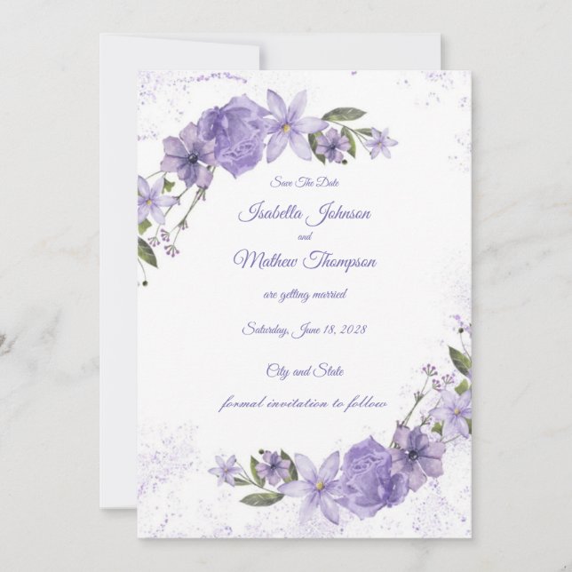 Purple Floral Wedding Save The Date (Front)