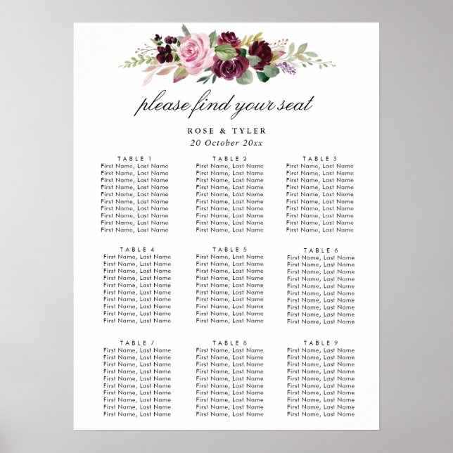 purple floral wedding seating chart (Front)
