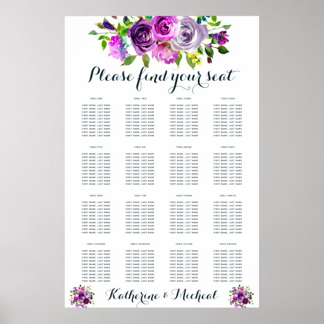 Purple Floral Wedding Seating Chart (Front)
