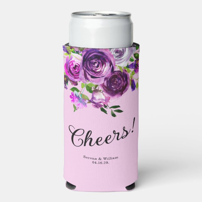 Purple Floral Wedding Seltzer Can Cooler (Seltzer Front)
