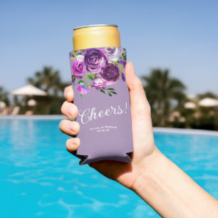 Purple Floral Wedding Seltzer Can Cooler
