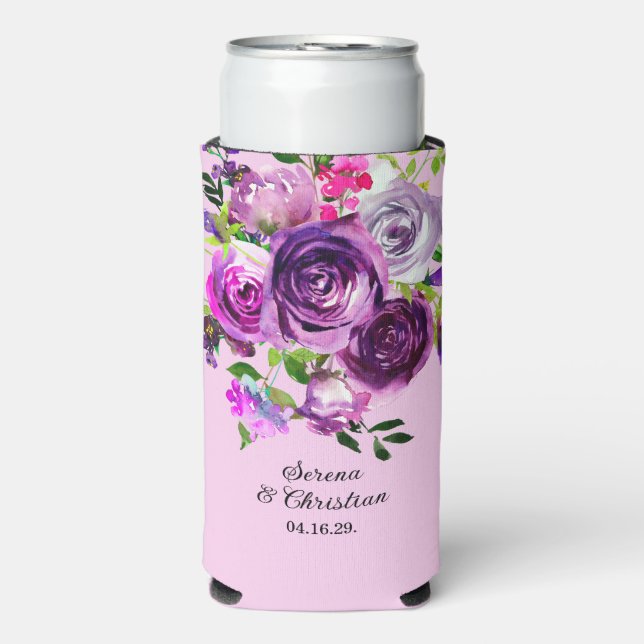 Purple Floral Wedding Seltzer Can Cooler (Seltzer Front)