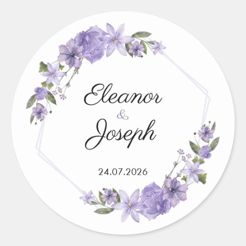 Purple Floral Wedding Sticker Circle Label