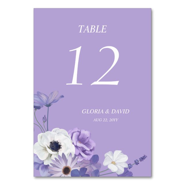 Purple Floral Wedding Table Number card (Front)