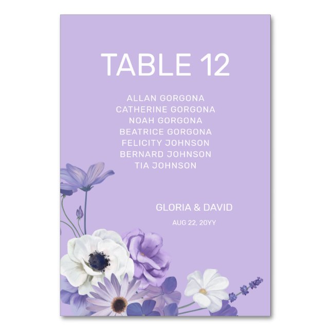 Purple Floral Wedding Table Number card (Front)