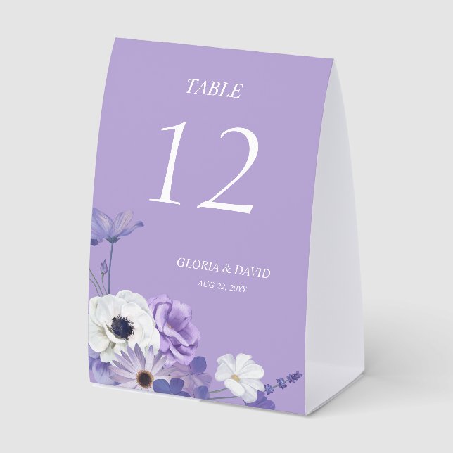 Purple Floral Wedding Table Number  Paper Table Tent (Front)
