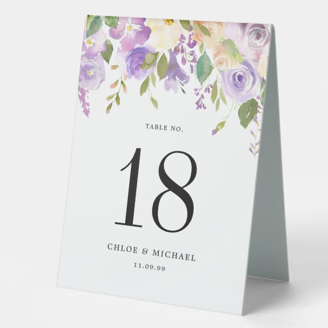 Purple Floral Wedding Table Number Table Tent (Front)