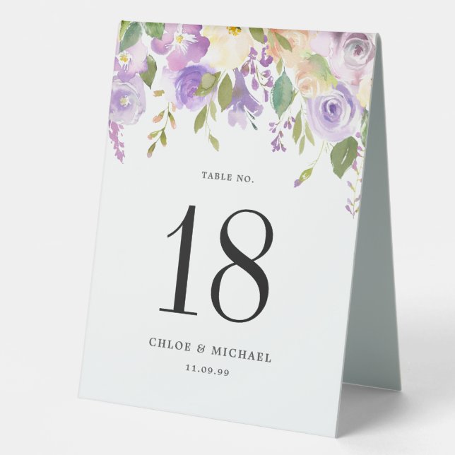 Purple Floral Wedding Table Number Tent (Front)