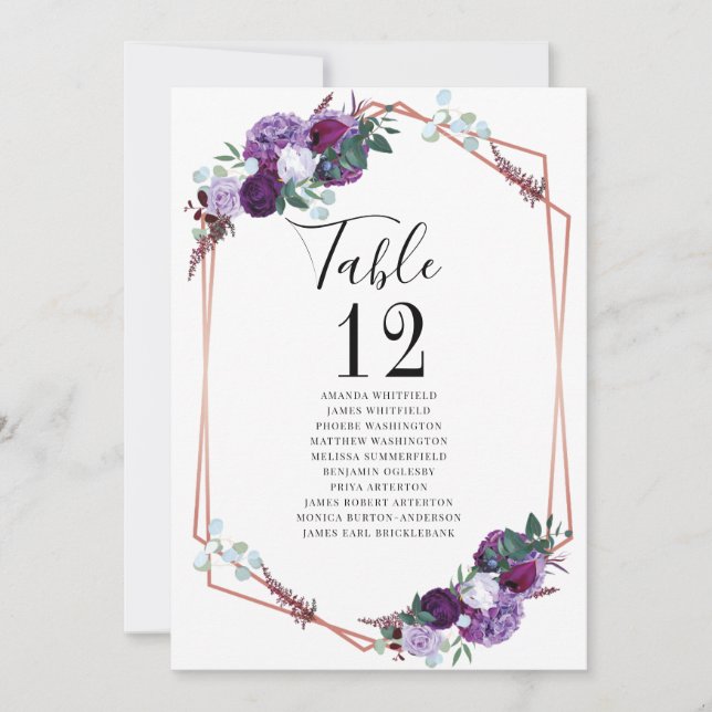 Purple Floral Wedding Table Numbers Seating Chart (Front)