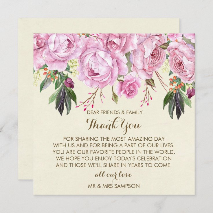 purple floral wedding thank you reception card | Zazzle