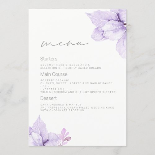 Purple Floral Wedding Watercolor Stunning Wedding Menu