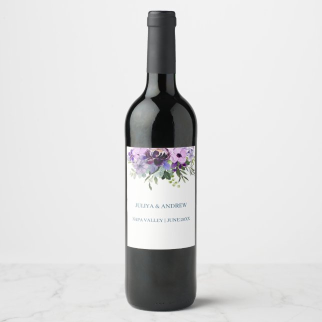 Purple floral wedding wine label (Front)
