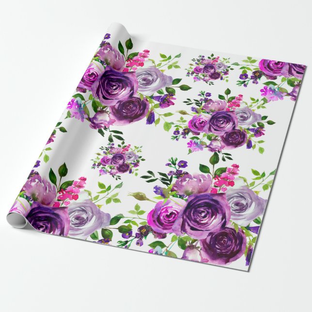 Purple Floral Wedding Wrapping Paper (Unrolled)
