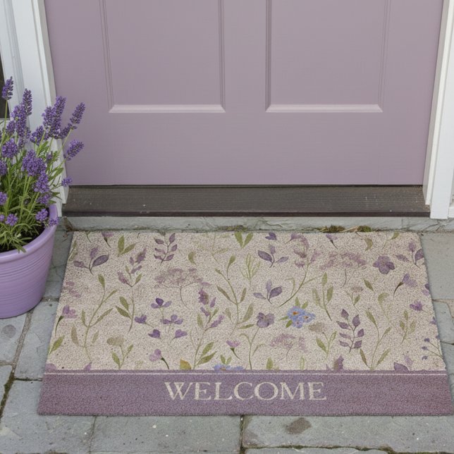 Purple Floral Welcome Coir Mat (cottagecore purple lavender wildflower floral welcome coir mat)