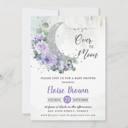 Purple Floral Were Over the Moon Girl Baby Shower Invitation