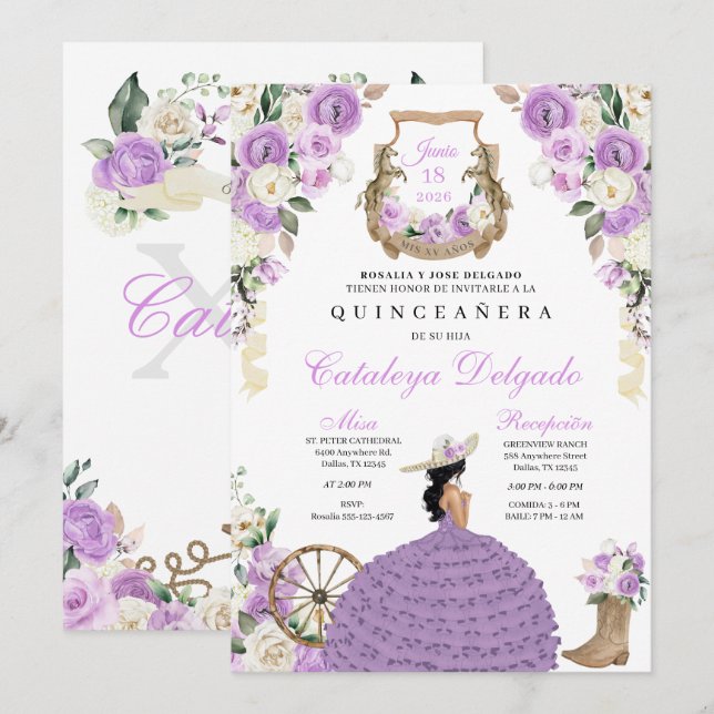 Purple Floral Western Mariachi Charro Quinceañera Invitation (Front/Back)