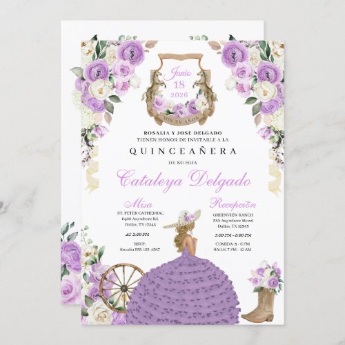 Purple Floral Western Mariachi Charro Quinceaera Invitation