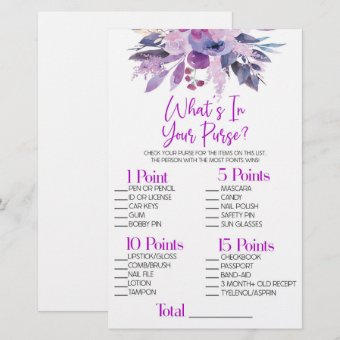 Purple Floral What's In Purse Bridal Shower Game Stationery | Zazzle