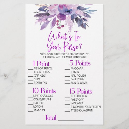 Purple Floral Whats In Purse Bridal Shower Game Stationery