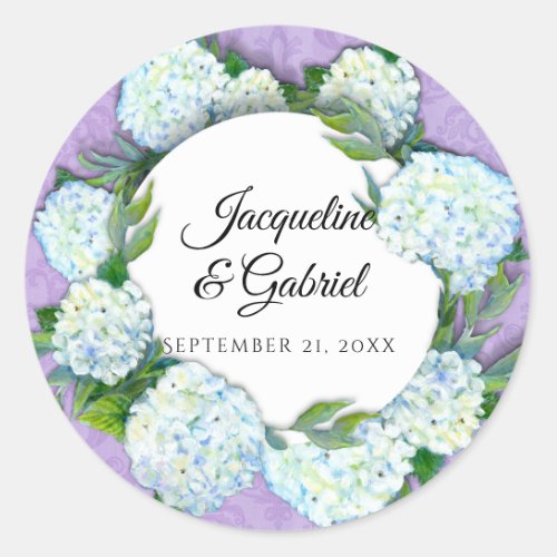 Purple Floral White Hydrangea Leaf Damask Wedding Classic Round Sticker