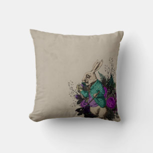 Purple Floral White Rabbit Alice in Wonderland Throw Pillow