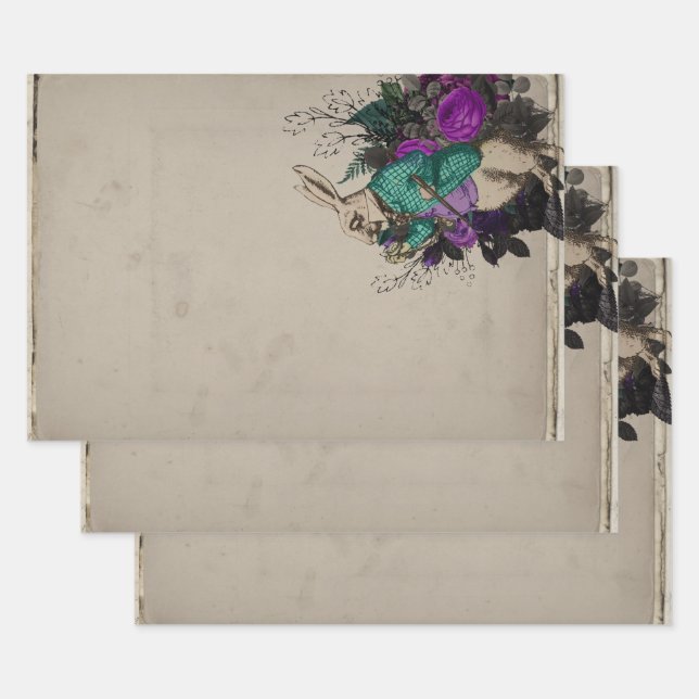 Purple Floral White Rabbit Alice in Wonderland Wrapping Paper Sheets (Set)