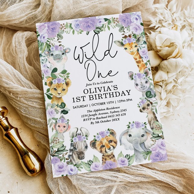 Purple Floral Wild One Jungle Safari Birthday Girl Invitation (Creator Uploaded)