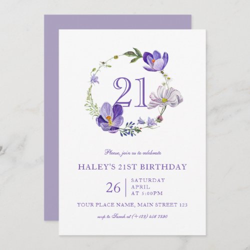 Purple Floral Wildflower Vintage 21st Birthday Invitation