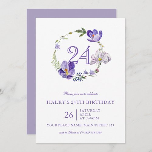 Purple Floral Wildflower Vintage 24th Birthday Invitation