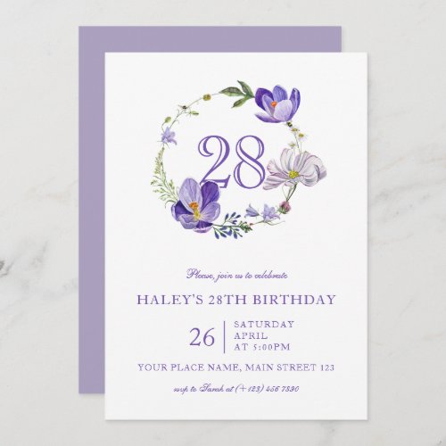 Purple Floral Wildflower Vintage 28th Birthday Invitation