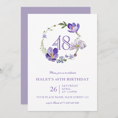 Purple Floral Wildflower Vintage 48TH Birthday Invitation