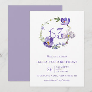 Purple Floral Wildflower Vintage 63RD Birthday Invitation