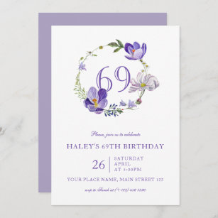 Purple Floral Wildflower Vintage 69TH Birthday Invitation