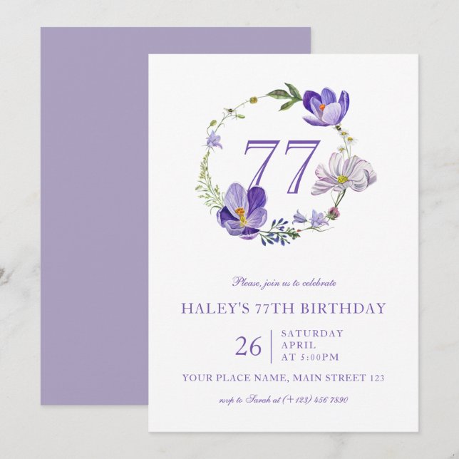 Purple Floral Wildflower Vintage 77TH Birthday Invitation (Front/Back)
