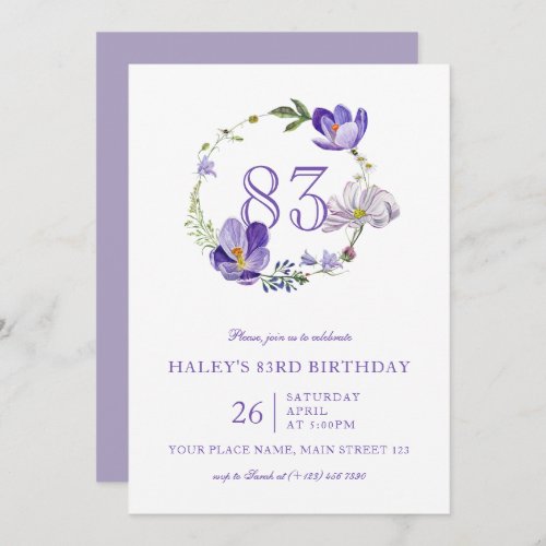 Purple Floral Wildflower Vintage 83RD Birthday Invitation