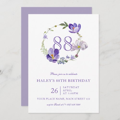Purple Floral Wildflower Vintage 88TH Birthday Invitation