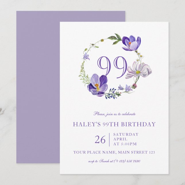 Purple Floral Wildflower Vintage 99TH Birthday Invitation (Front/Back)