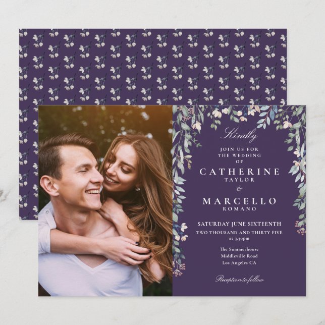 Purple Floral Wildflowers Cascade Photo Wedding Invitation (Front/Back)