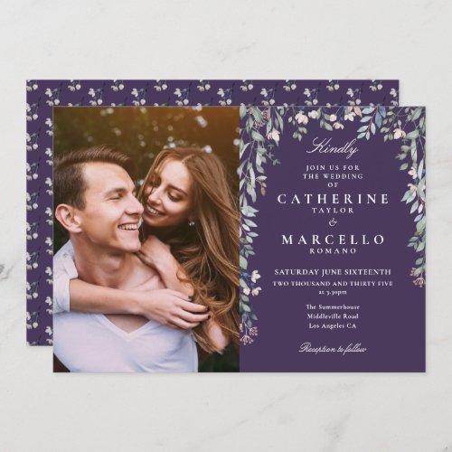 Purple Floral Wildflowers Cascade Photo Wedding Invitation