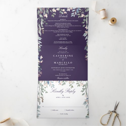 Purple Floral Wildflowers Monogram Photo Wedding Tri_Fold Invitation